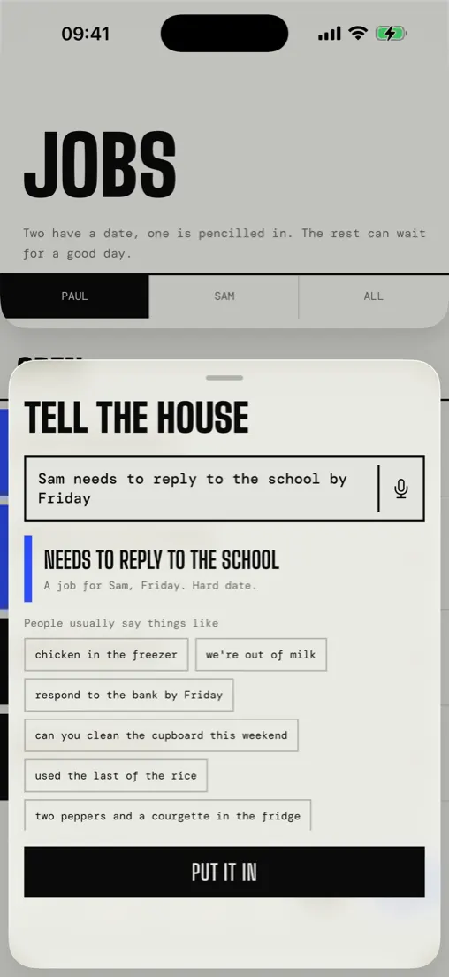 The capture sheet, with one sentence typed and the job it is about to file for Sam